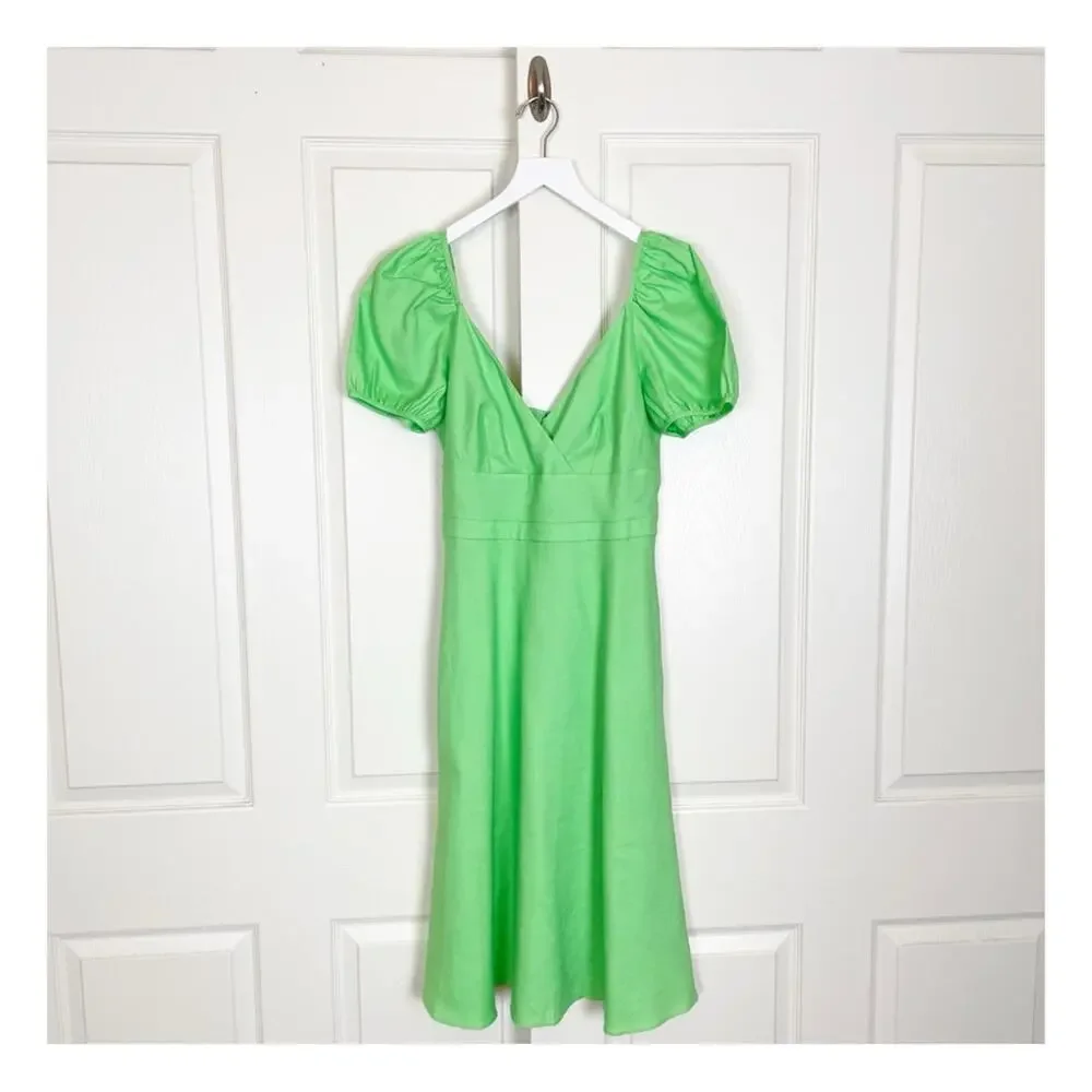 J. Crew Lime Green V-neck Midi Dress Puff Sleeve Linen Blend NWT Sz 4
